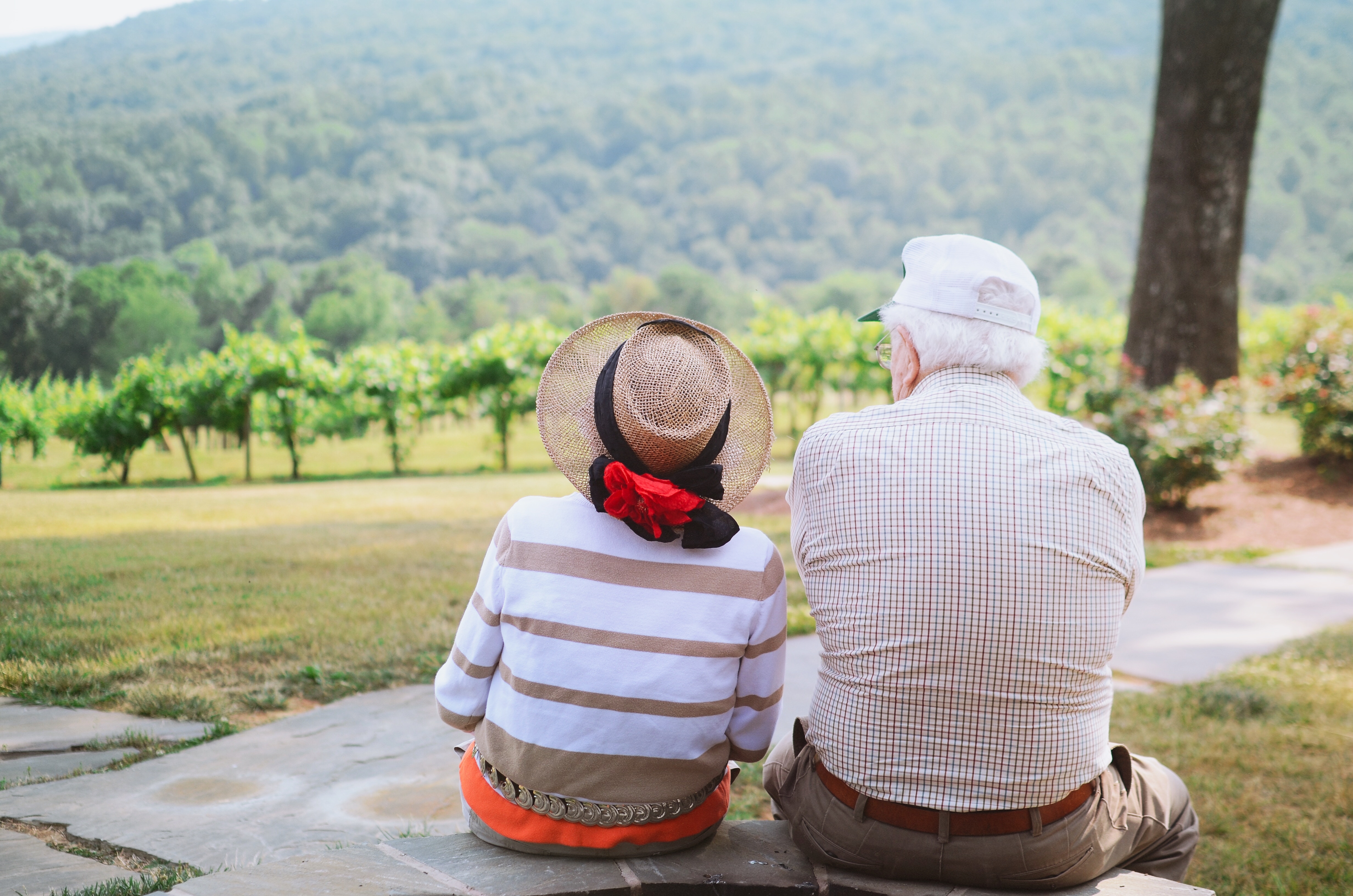 elderly couple sitting on the beach